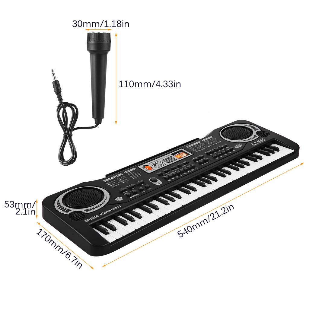 61 Keys USB Electronic Organ Kids Electric Piano with Microphone Black Digital Music Electronic
