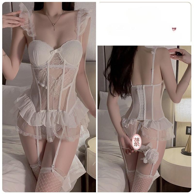 Women’s Sexy Sheer Mesh Nightdress Underwire Padded Plus Size Lace Lingerie Set with Thong
