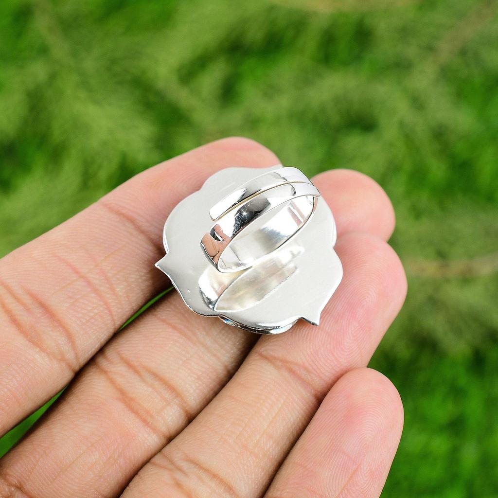 Round Natural Rainbow Moonstone Flower Promise Boho Ring Jewelry Sterling Silver
