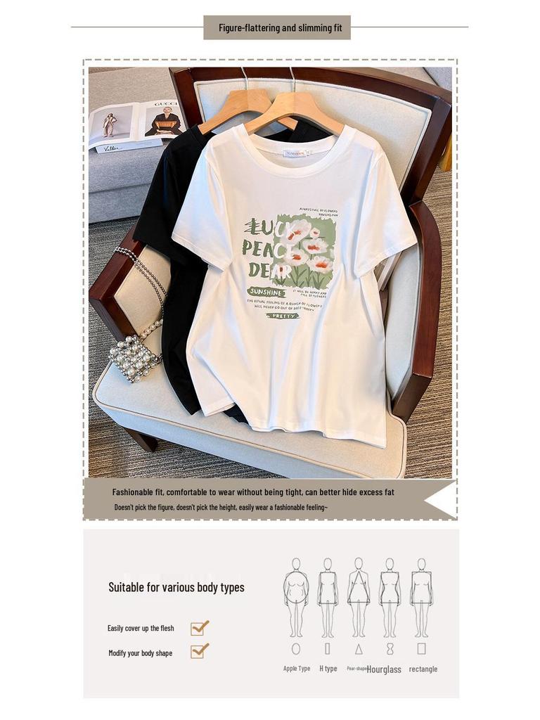 Women's Plus Size Loose Fit Mid-Length Short-Sleeve Round Neck T-Shirt (Sizes 200-350 Jin)