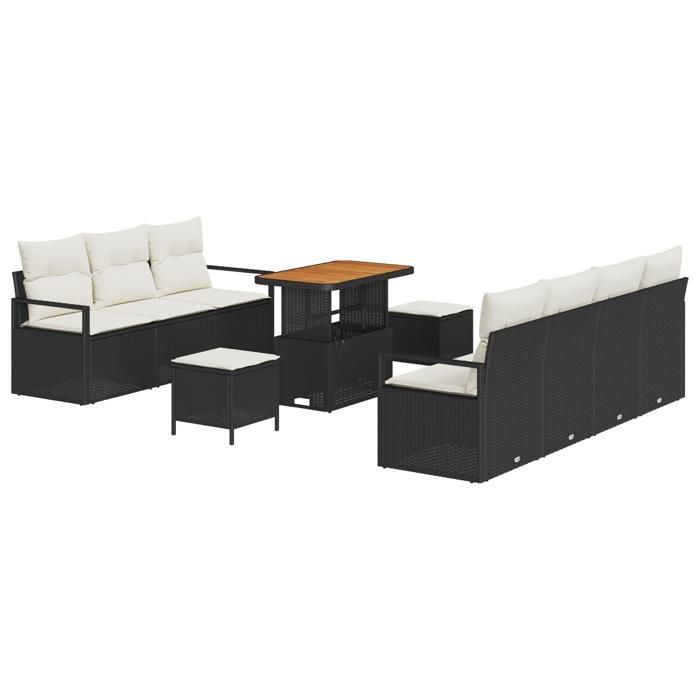 VidaXL 10-Piece Garden Sofa Set with Cushions In Black Poly Rattan Acacia 3362490