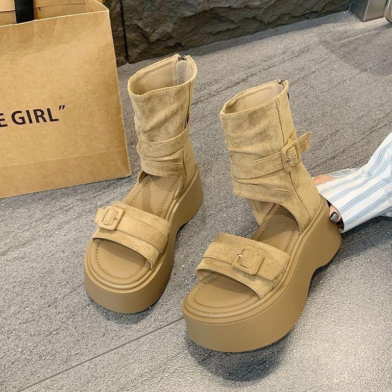 Retro Thick-soled Roman Cool Boots Summer New Cover-toed High-top Sandals Heightening Rear Zipper Short Boots