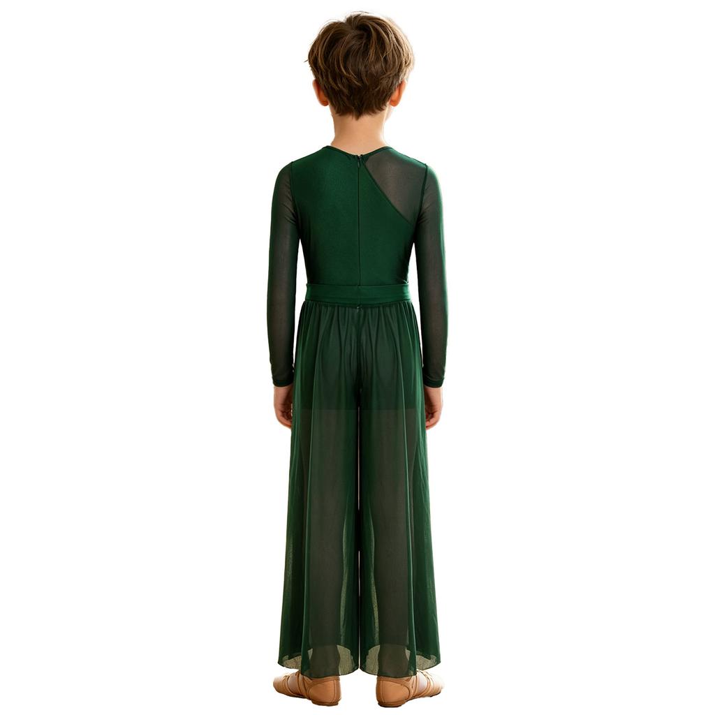 Boys Lyrical Dance Outfit Long Sleeve V-neck Back Invisible Zipper Bosyduit with Split Mesh Pants