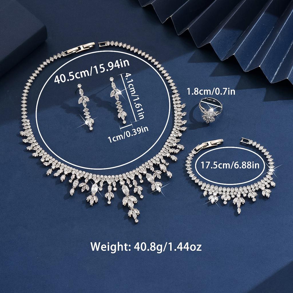 3PC Women's Fashion Zircon Geometric Tassel Necklace Earrings Rings Bracelets Zircon Set Wedding Party Festival Gift-8574