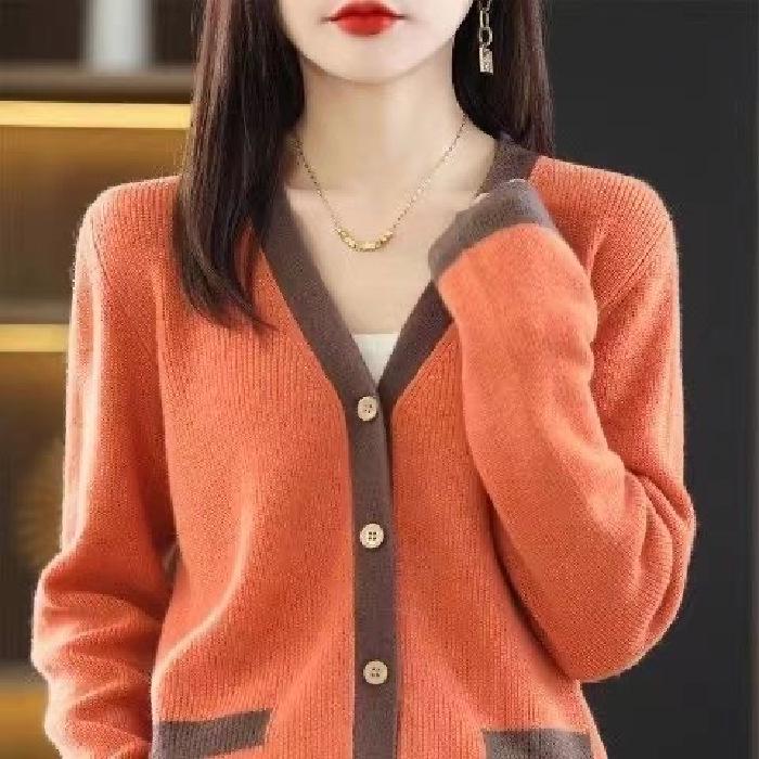 2023 Color Block V-neck Knit Cardigan: Korean Style, Loose Fit for Women, Trendy Spring/Autumn Sweater Outerwear.