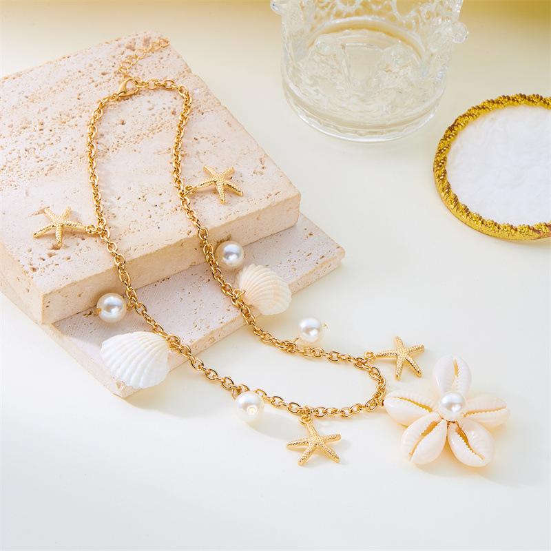Bohemia Gold Plated Double Layer Shell Necklace For Women Starfish Conch Scallop Pendant Choker Summer Beach Jewelry Accessories