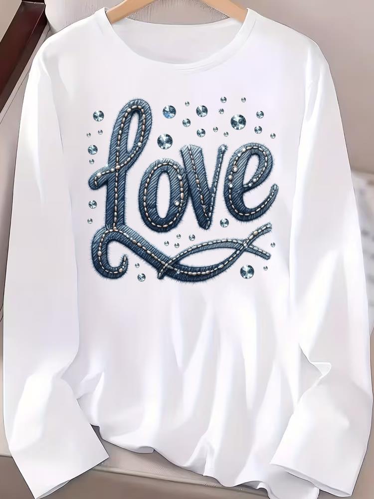 (Asian Size) Graphic Tee Casual Clothing Women O-neck Trend Flower Printed Print T Shirt Autumn Winter Spring Fashion Top Long Sleeve T-shirts