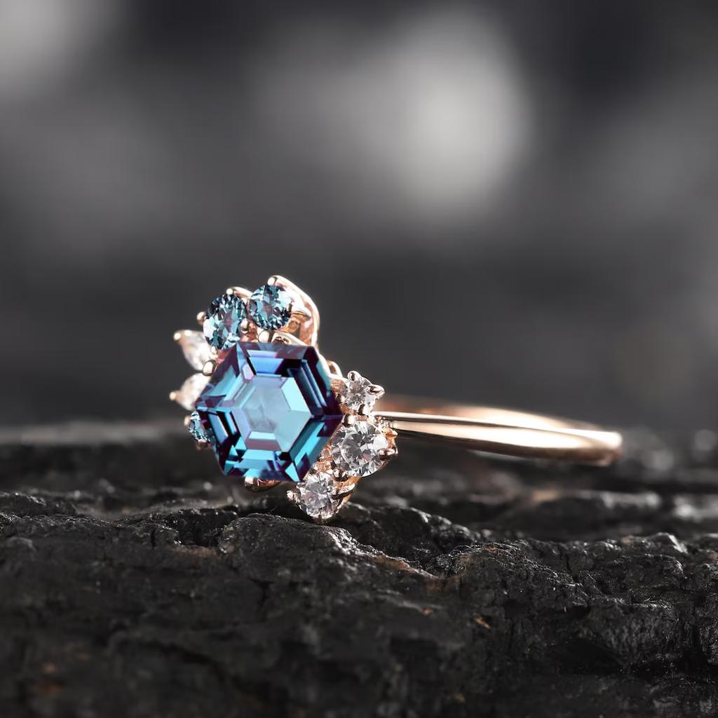 Vintage Hexagon Cut Alexandrite Cluster Engagement Unique Rose Floral Wedding Ring