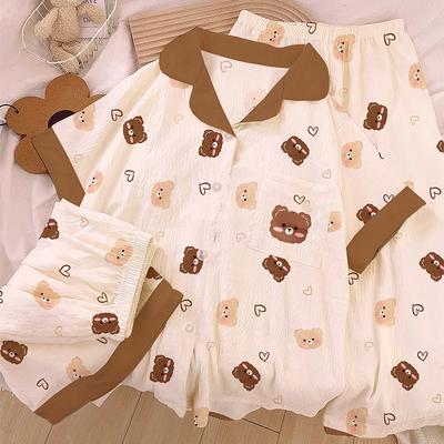 Cartoon Bear Mori Cloud Cotton Pajamas Women'S Summer Sweet Loungewear Short-Sleeved Three-Piece Set