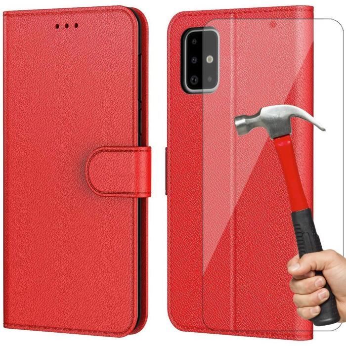Coque - BOOLING - pour Samsung A51 - Rouge Effet Cuir - Protection 360° - Support de Visionnage