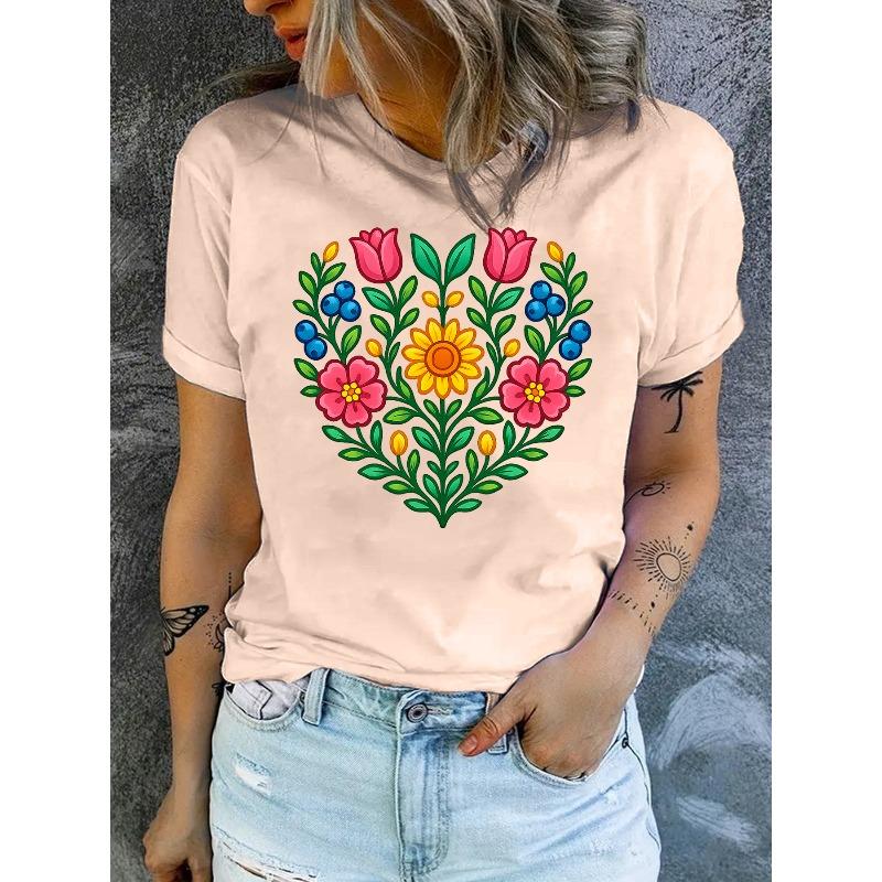 Vibrant Floral Print Design for Women'S Stylish Casual Round-Neck T-Shirt for Spring and Summer