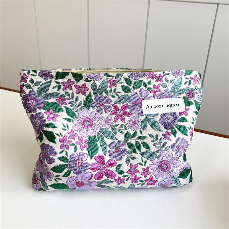 Portable Purple Flower Fabric Cosmetic Bag Makeup Pouch Organizer