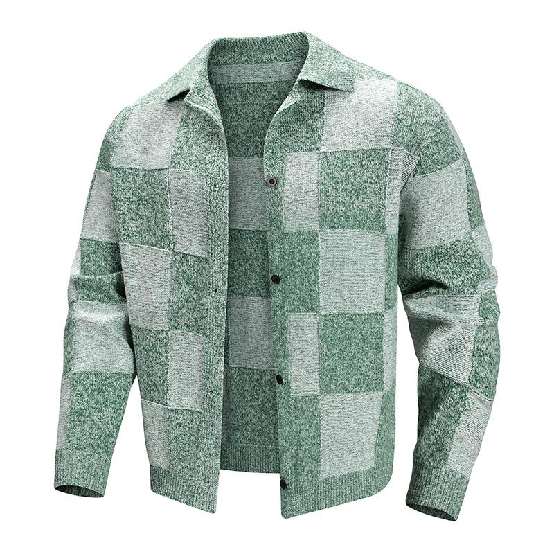 Men's Retro Color-blocked Plaid Lapel Knitted Cardigan Long-sleeved Sweater Jacket