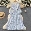Französisches Retro V-Ausschnitt Langarm Blumen Chiffon Kleid Damen Herbst Taille Temperament Lotusblatt-Rand Langer Rock