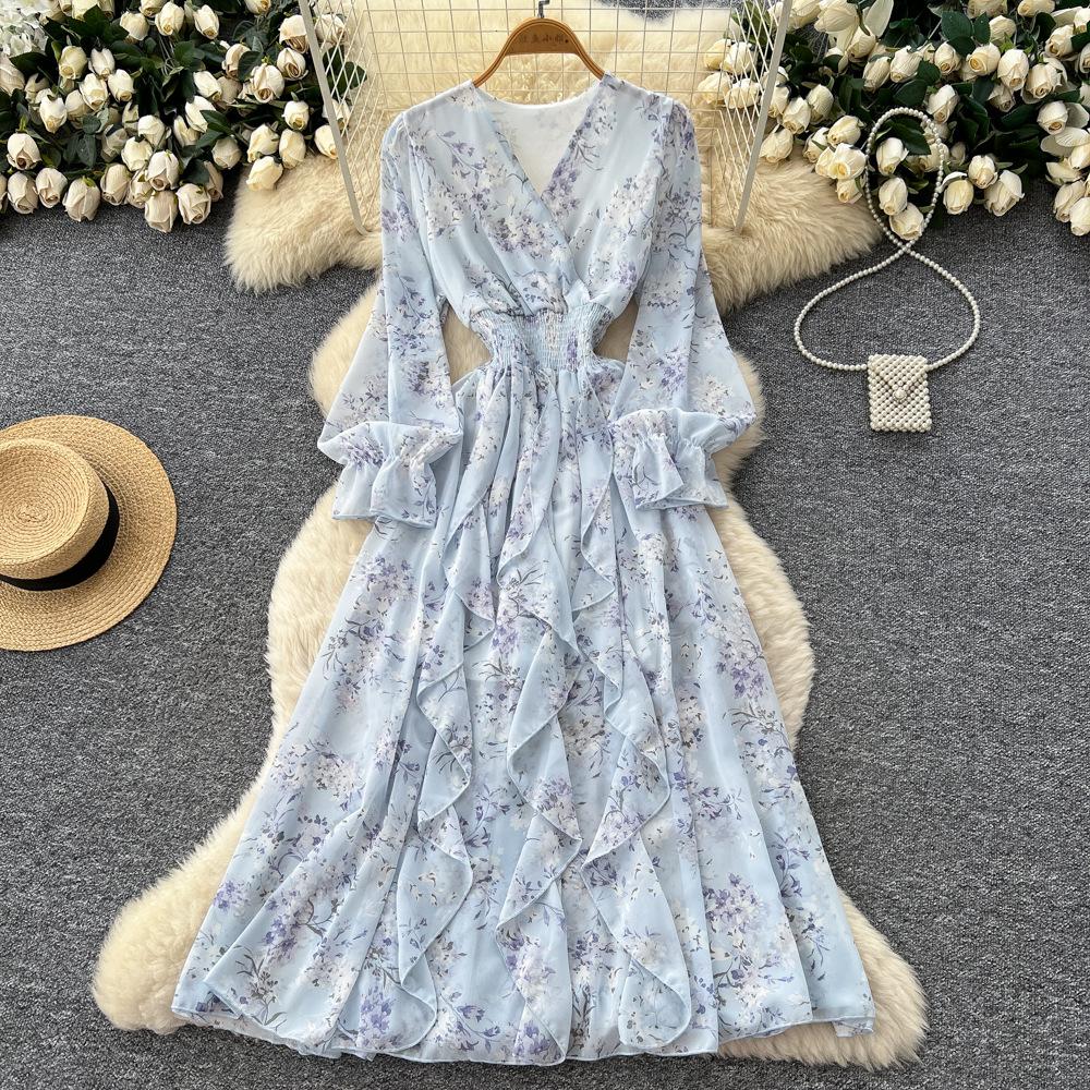 Französisches Retro V-Ausschnitt Langarm Blumen Chiffon Kleid Damen Herbst Taille Temperament Lotusblatt-Rand Langer Rock