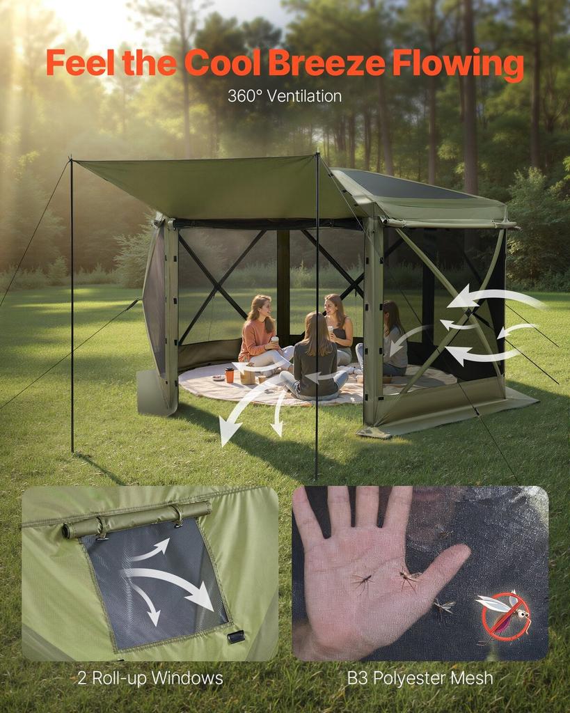 Pop up Gazebo Screen Tent, 3x3 m Large 6-Sided Camping Canopy Tent with Removable Top & Carry Bag, Quick-Set & Bite-Proof, Screen House Sun Shelter