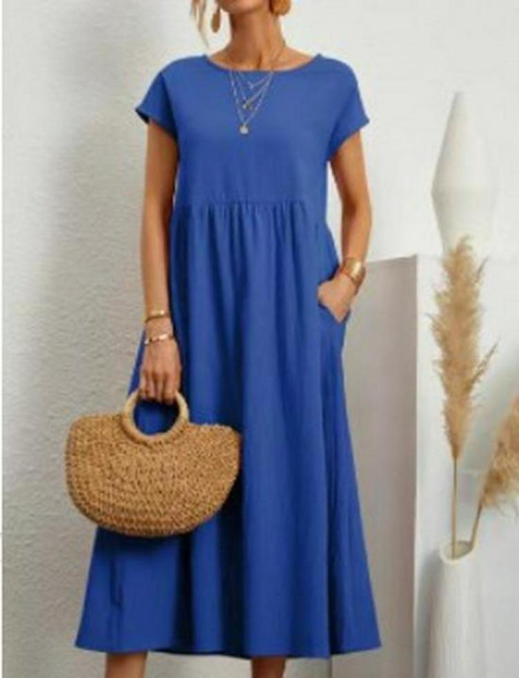 Summer Women Casual Loose Fit Sleeveless Cotton Linen Dress Solid Color Pocket