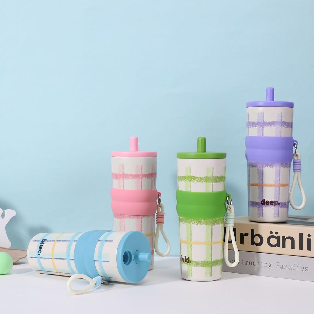 Letter Plaid Print Large Capacity Stainless Steel Insulated Cup With Straw