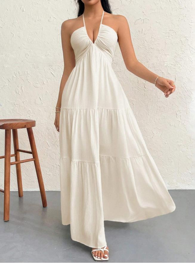 white halter v neck tiered maxi dress for women beach party and casual wear
