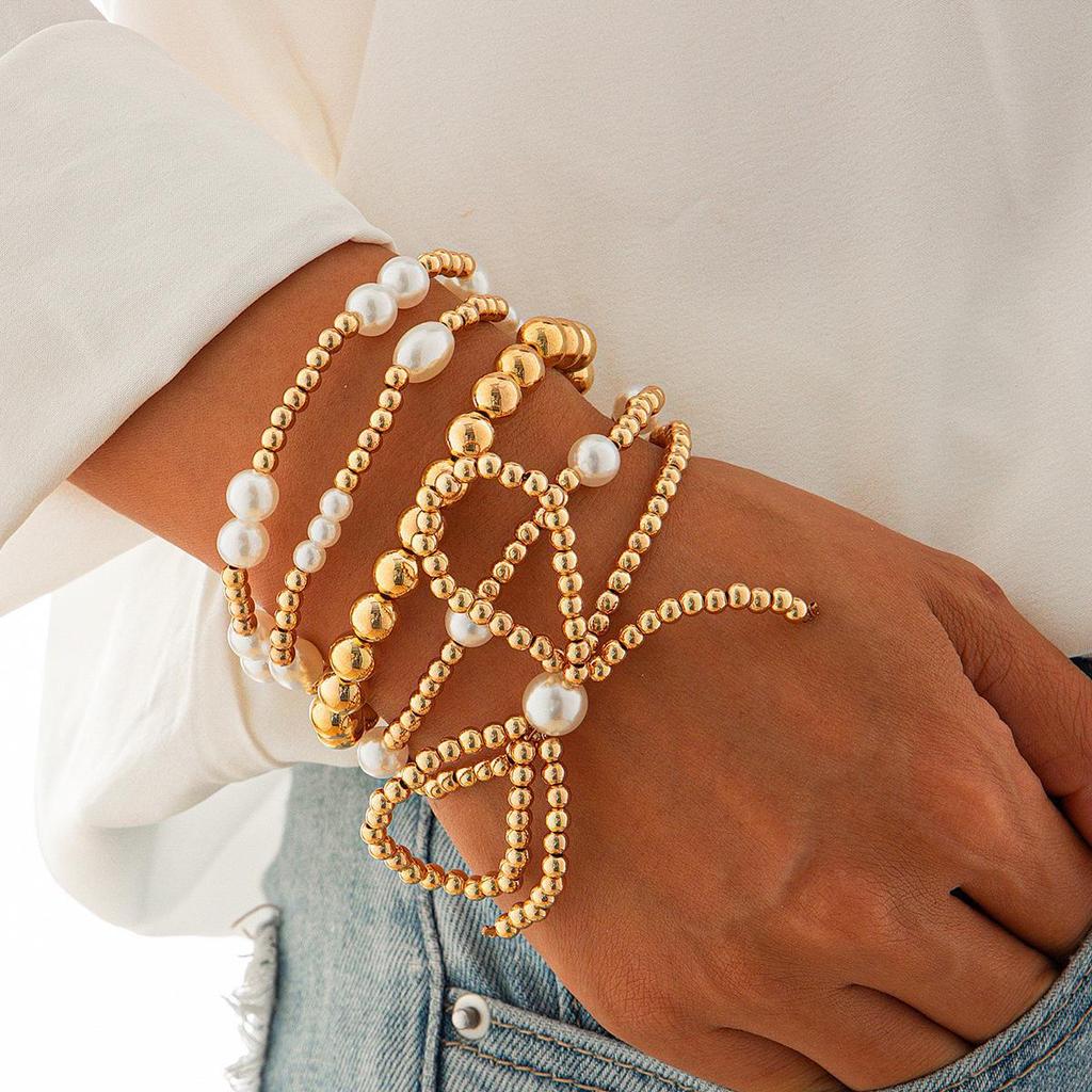European and American Style Personalized Bow Beaded Multi-Layer Bracelet 5-Piece Set – Imitation Pearl Bracelet for Women
