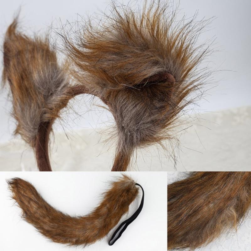 Foxes Cosplay Set Lovely Wolf Ears Headband Plush Animal Tail Foxes Tail Decorations Foxes Ears Headwear for Halloween