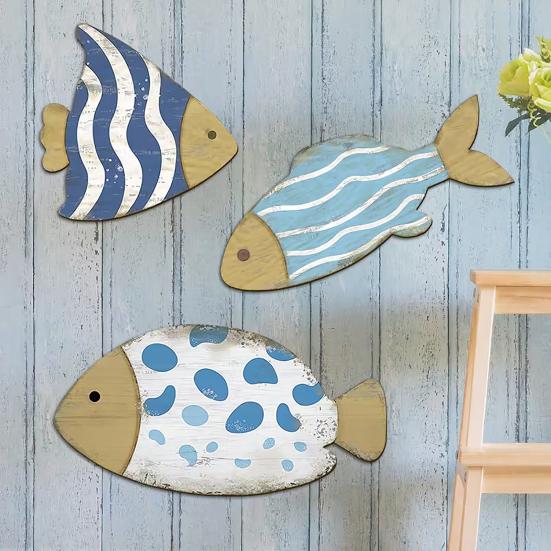 3 Stück Holzfisch Nautische Wanddekoration Strand Küstenfisch Wandkunst Rustikale Fisch Hängende Skulptur für Badezimmer Seehaus Dekoration