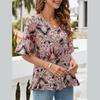 Fashion Women's Tropical Floral Printed V-neck Short Sleeved Casual Shirt with Edging Loose T-shirts