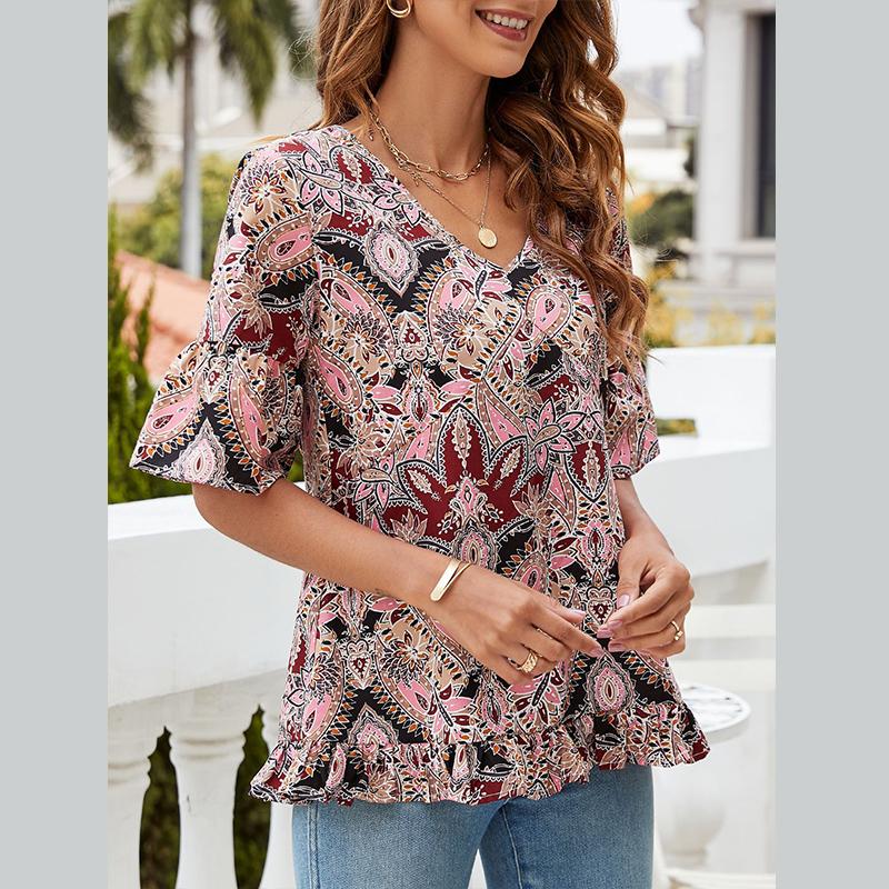 Fashion Women's Tropical Floral Printed V-neck Short Sleeved Casual Shirt with Edging Loose T-shirts