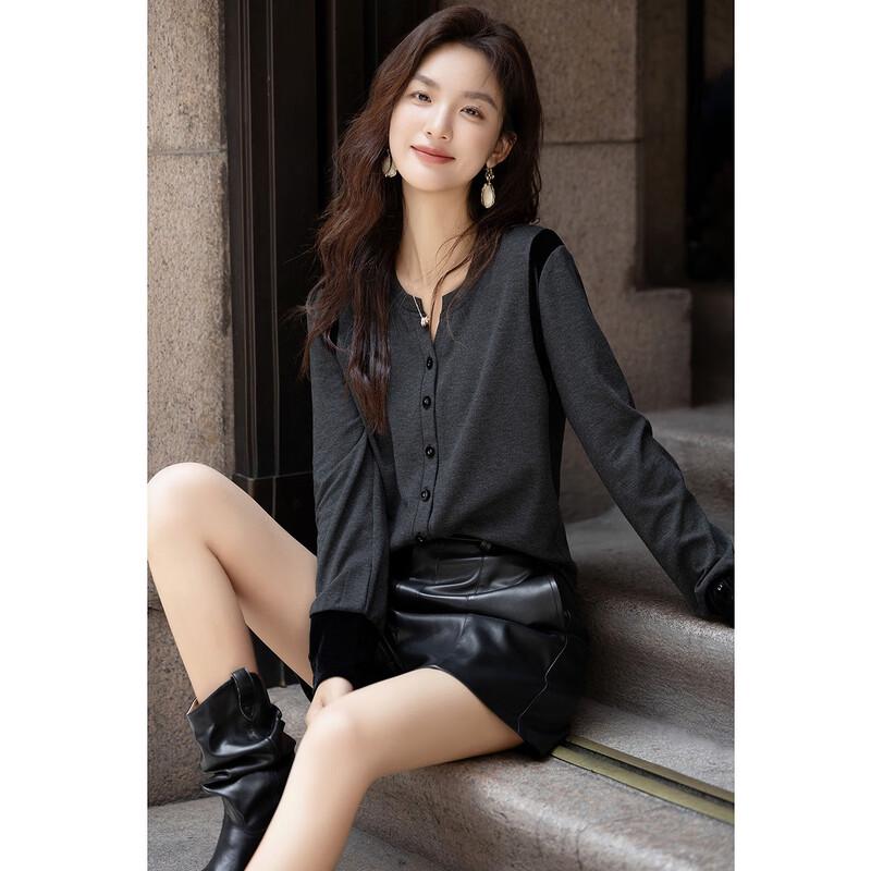 Demana Silent Love Women s V-neck Color-block Long-sleeve T-shirt M