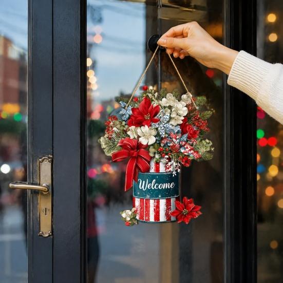 Rustic Wooden Holiday Wall Decor Christmas Welcome Sign for Front Door, Hanging Ornament, Festival Farmhouse Style Festive Door with Lanyard