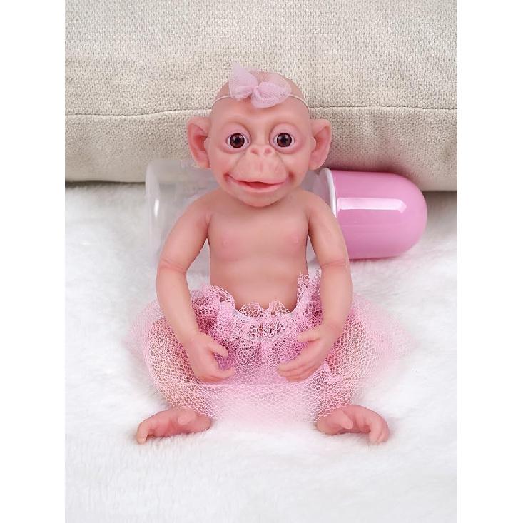 7" Micro Preemie Full Body Silicone Monkey Baby Doll Lux Lifelike Mini Reborn Doll Surprice Children Anti-Stress, Feel Real(Girl)