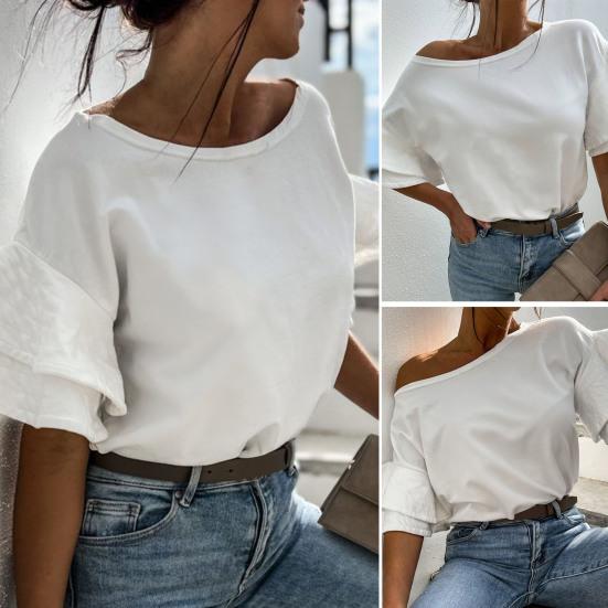 

Женская футболка сплошного цвета с круглым вырезом, удобные топы с короткими рукавами и рюшами