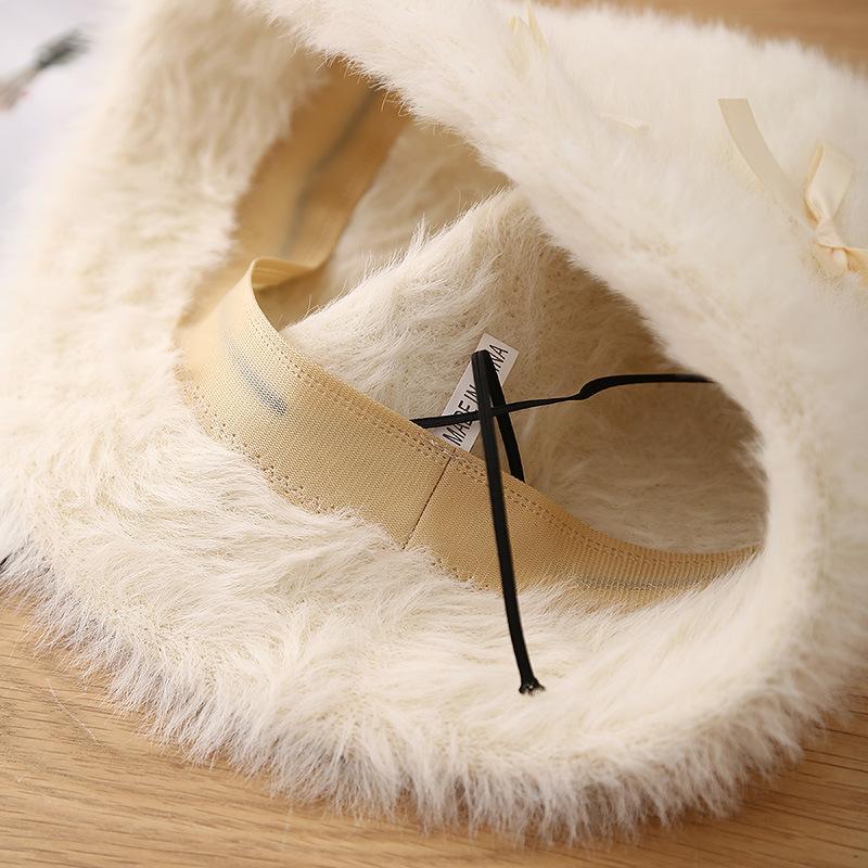Sweet Bow Plush Bucket Hat Schoolgirl Cute Bucket Hat Winter Foldable Fashion Basin Hat