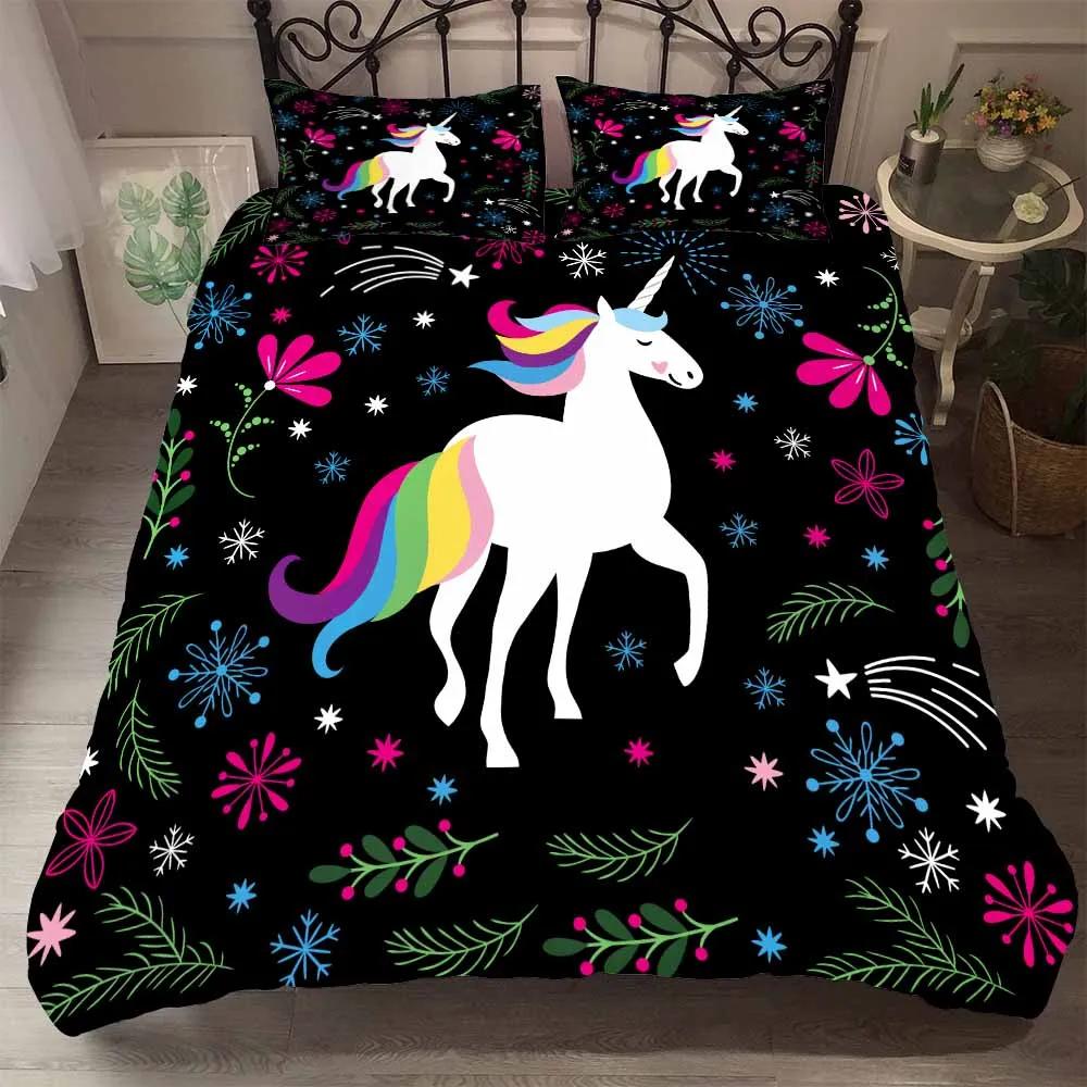 Cartoon Pink Bedding Sets 2/3 Pcs Duvet Cover Set Pillowcases Starry Sky Rainbow Unicorns Bedding Set For Girl EU Twin Single