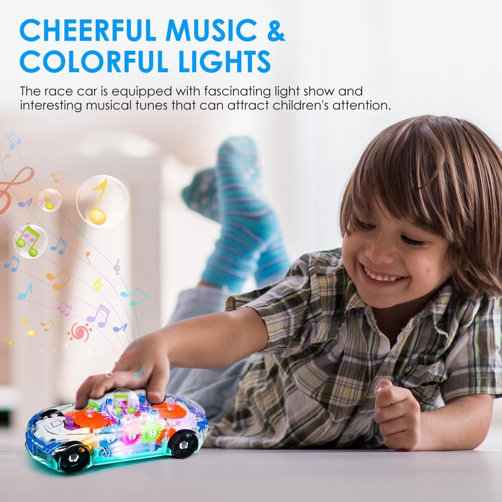 Light Up Transparent Sensory Car Toys, Crash And Walk Toy Cars With Colorful Moving Gears, Music And LED Effects, Fun Automatic Steering Toys