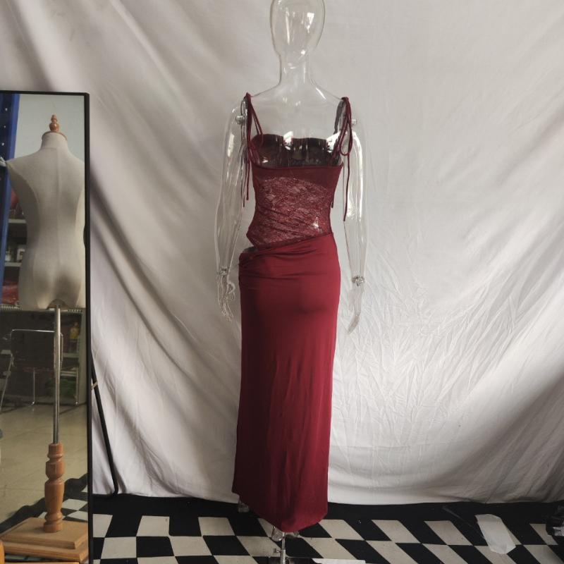 Europejska i Amerykańska Wiosenna Damska Seksowna Koronkowa Sukienka na Ramiączkach z Przeszyciami i Pustymi Miejscami