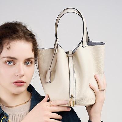 Bags 2025: Women's Genuine Leather Bucket Handbag - Stylish Bridal, Mommy, and Vegetable Basket Design
