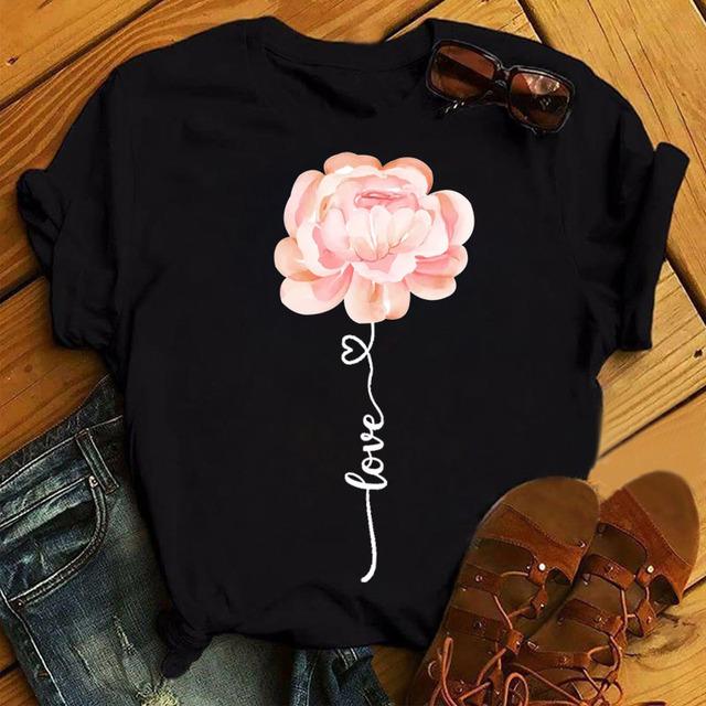 New Fashion Women Black T Shirt Friends Gift Flower Love Print Cute Tee Shirt Female Harajuku Tops Woman Short Sleeve T -Shirts