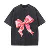 Glossy Pink Ribbon Bow Graphic Washed Faded Vintage Short Sleeve Fashion Versatile Daily Tee