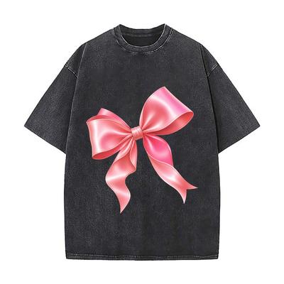 Glossy Pink Ribbon Bow Graphic Washed Faded Vintage Short Sleeve Fashion Versatile Daily Tee