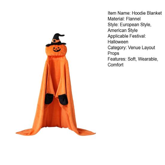 Halloween Brukbar Hettegenserteppe for Voksne Myk Flanell Hettekappe med Lomme Gresskar Svart Katt Cosplay Kostyme for Halloween-fester