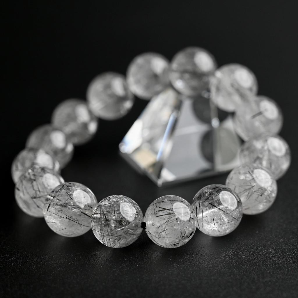 Black Rutilated Quartz Bracelet Tourmaline in 14mm 17cm Wrist Limited Natural Power Prayer Good Luck Feng Shui [Eigado] (Black Quartz) Stone, Size,