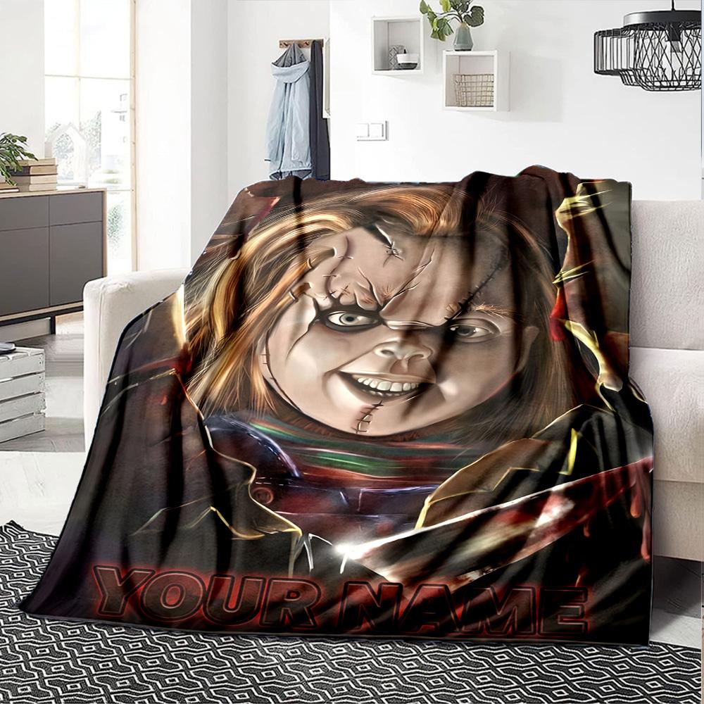 1pc Chucky Blanket with Custom Name, Gift, for Men and Women, Soft Blanket, Good for Sofa Bed Couch Travel, Lightweight Flannel Blanket