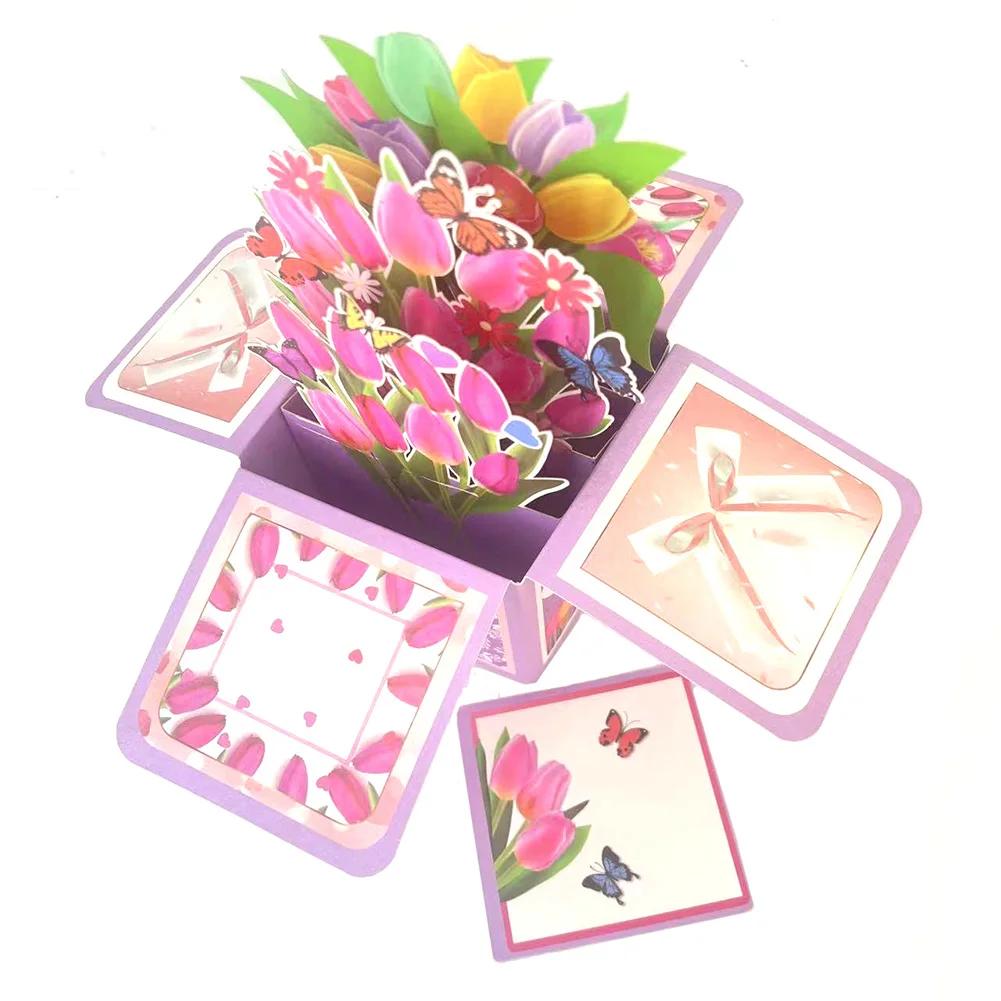 Creative Blessing Greeting Postcard 3D Pop-Up Tulips Roses Sunflowers Bouquet Card Gift For Her Friend Lover