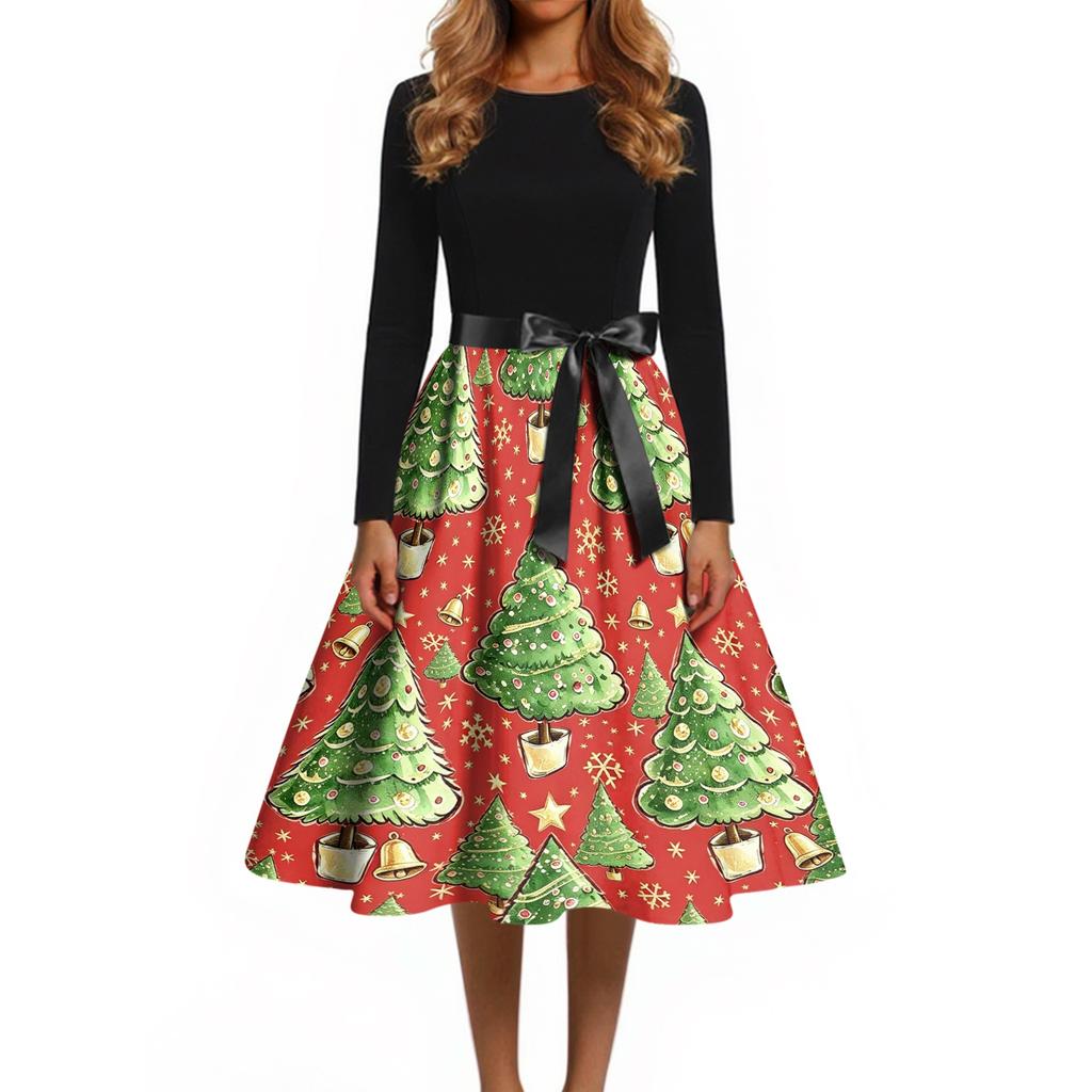 Women's Casual Vintage V-Neck Dress with Christmas Snowflake and Tree Print