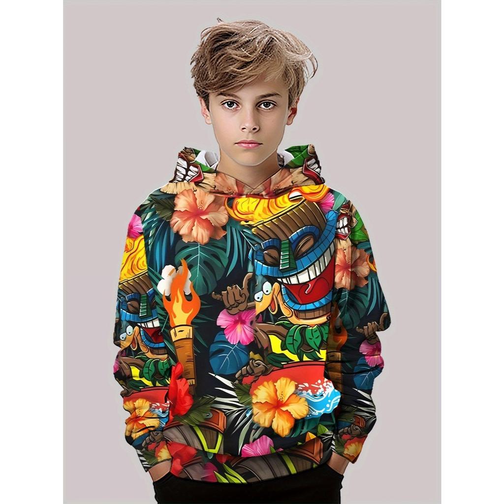 Boys' Hoodie - Tropical Hawaiian Totem and Flower Printed Hoodie, Long Sleeve Hoodie for Children, Children's Casual Wear, Bright Patterns