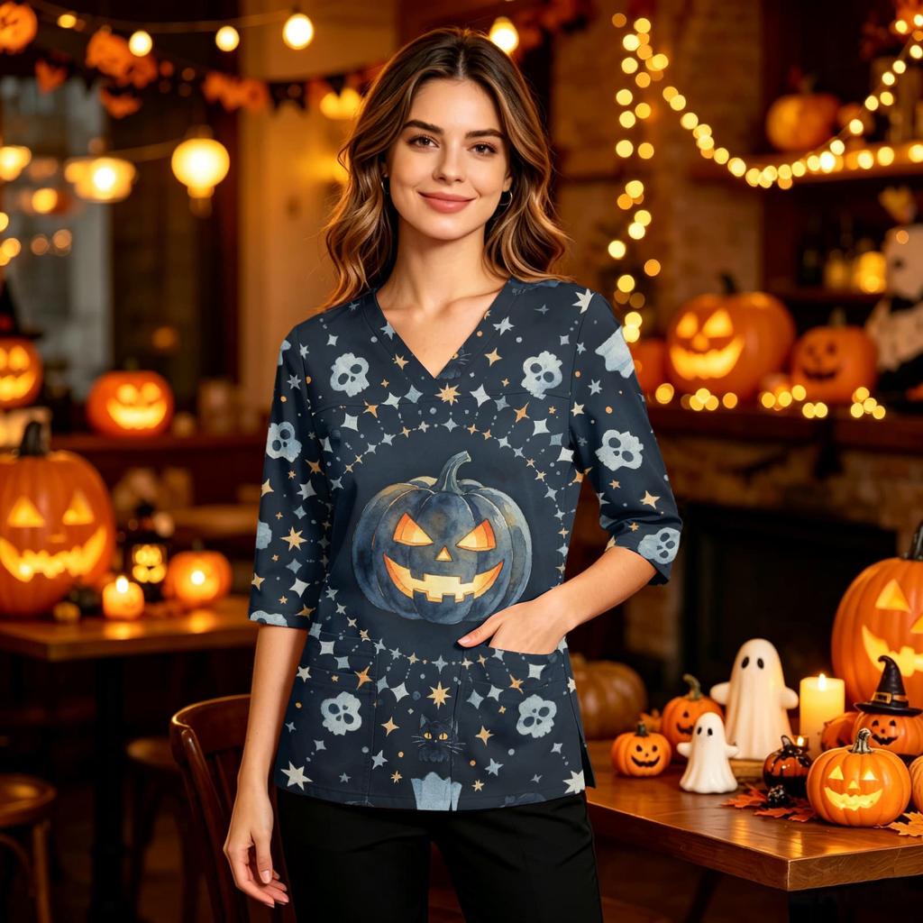 Women's Casual V-Neck Scrub Top with Pockets and Side Slits, 3/4 Sleeve Halloween Print
