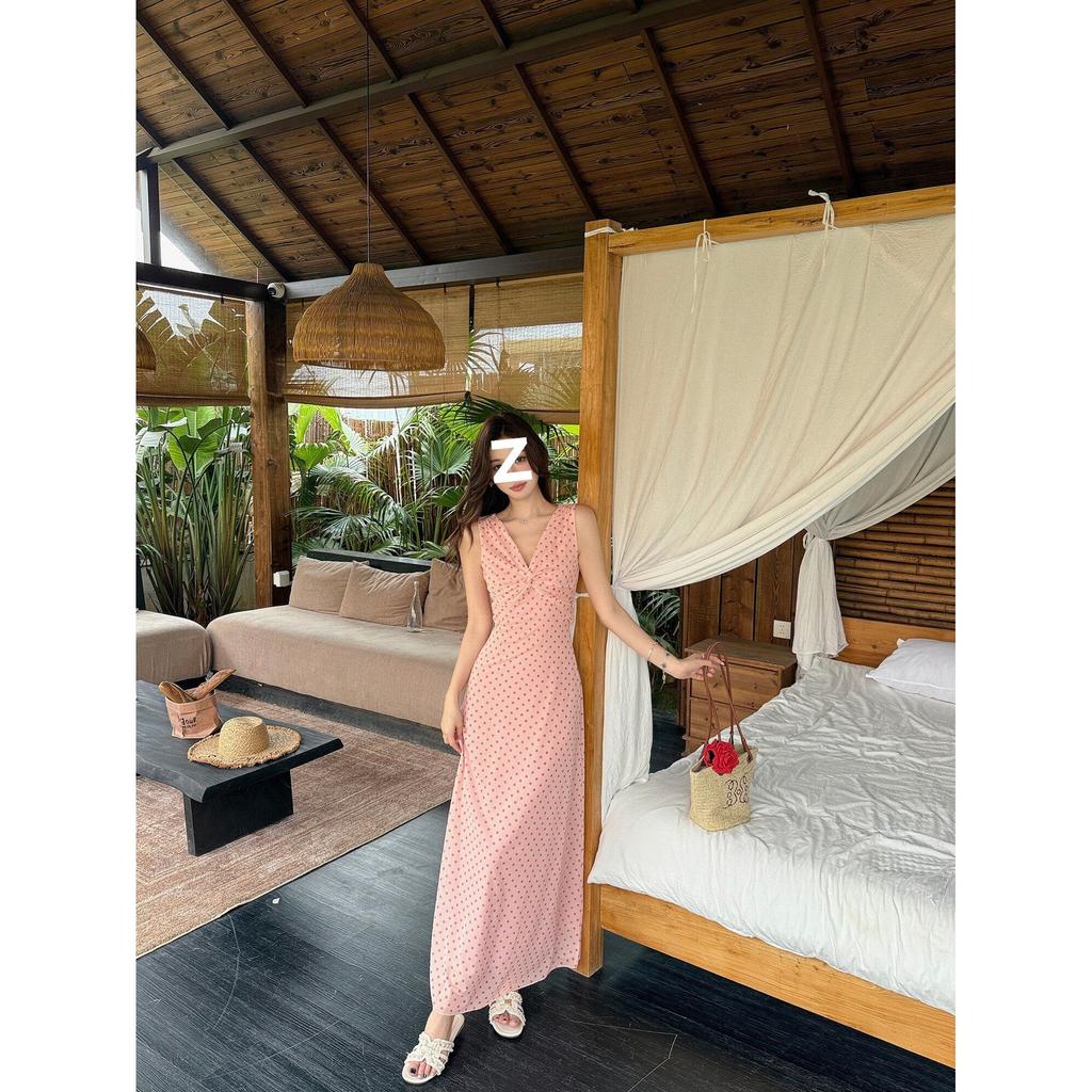 Design sense French niche elegant temperament long dress summer new thin twist V-neck polka dot dress