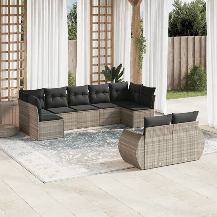 VidaXL Salon de Jardin avec Coussins 9 pcs, Canapés de Terrasse, Ensemble de Meubles de Patio, Mobilier d'Extérieur, Gris 3254159