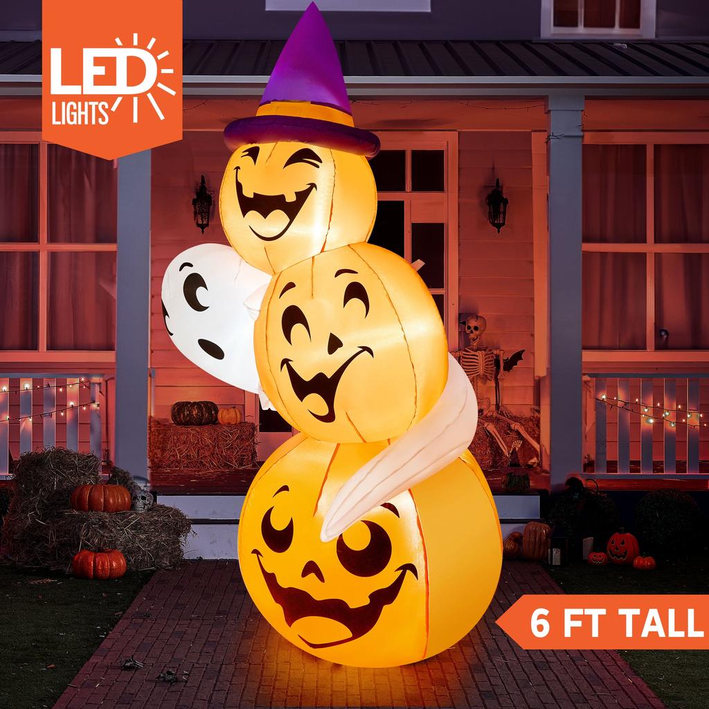 Joyfy 6 FT Stacked Pumpkins Halloween Inflatables Ghost with Build-in LEDs for Porch Halloween Pumpkin Decor Blow up Yard